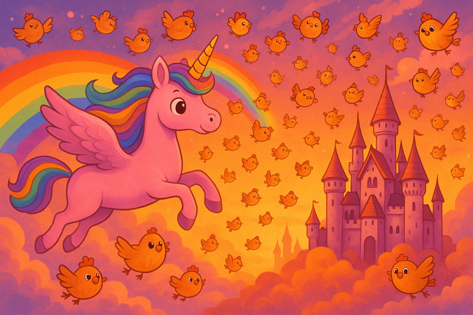 Pink unicorn flying by a castle with rainbow and chickens